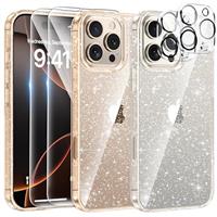 AROYI 5 in 1 Clear Glitter Case Compatible with iPhone 16 Pro Case with 2 Screen Protector and 2 Camera Lens Protector, Soft Bumper Sparkle Bling Women Girls Phone Case for 16 Pro 6.3", Rose red