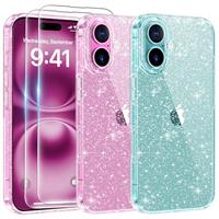 AROYI 3 in 1 Clear Glitter Case Compatible with iPhone 16 Case with 2 Tempered Glass Screen Protector, Bumper Anti-Scratch Sparkle Bling Women Girls Phone Case for iPhone 16 6.1"