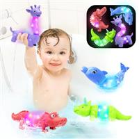 JIJI&CUI LED Bath Toys 4PCS with Flashing Lights | Sensory Animal Pop Tubes for Toddlers 3-6 | Autism-Friendly Floating Water Toys (Dinosaur, Dolphin, Crocodile, Giraffe)