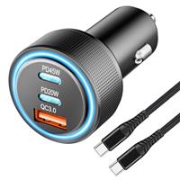 USB C Car Charger, 3 Port 65W Dual USB-C & USB-A Car Power Adapter PD/QC3.0 Fast Charge Cigarette Lighter USB Charger for iPhone 15/14/13 Pro Max, Samsung Galaxy S24/S23/S22, Pixel
