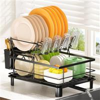 PKBD 2 Tier Large Dish Drying Rack with Drip Tray, Detachable Dish Drainer Rack with Swivel Drainage Spout, Cutting-Board Holder, Cup Holder, Organize Shelf with Utensil Holder Set,Grey