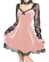 Gothic Lace Velvet Short Dress V Neck Half Moon Sexy Halloween Party Dress Cocktail Casual Mini Dress