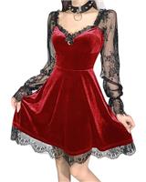 Gothic Lace Velvet Short Dress V Neck Half Moon Sexy Halloween Party Dress Cocktail Casual Mini Dress