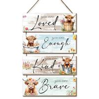 Highland Cow Decor Wall Art, 4Pcs Inspirational Wall Decor Sign With Rope, Farmhouse Cow Wall Art Picture Positive Quotes Bathroom Wall Decor for Bathroom Dining Room Bedroom Living Room