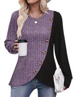 Flikity Ladies Lightweight Jumpers Casual Crew Neck Tops Womens Long Sleeve Tops Buttons Side Tunic Sweatshirts Pullover Sweaters Spring Autumn Winter Clothes S-3XL