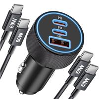 67W 3-Port USB C Car Charger and 2-Pack USBC Cable for iPhone 16 16e 15 Pro Max, Samsung Galaxy S25 S24 S23 Ultra, Pixel, Android, Dual USB-C/A Fast Charging Car Adapter Cigarette Lighter 12V Socket
