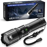 JAY-PARK Torches LED Super Bright 990000 Lumen, Rechargeable 5000 mAh with LCD Power Display, 5 Lighting Modes, Zoomable, High Power Torch for Camping, Dog Walking