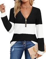 Gemulate Womens Long Sleeve Tops Ladies Lightweight Knit Jumpers V Neck Zipper Sweaters Casual Striped Sweatshirts Tshirt