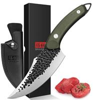 SHAN ZU Chefs Knife Hand Forged Kitchen Knives with Leather Sheath High Carbon Steel Cooking Knife Boning Knife and Full Tang G10 Waterproof Handle, Professional for Home, Camping, BBQ - Green