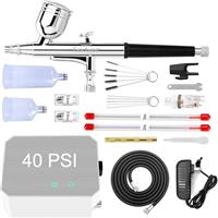 Omeyo Airbrush Kit with Air Compressor, 40 PSI High Pressure Air Brush Non-Clogging with 0.2/0.3/0.5mm Nozzle/Cleaning Sets, Ideal for Painting, Modeling, Cake Decor,Makeup, Nail Art