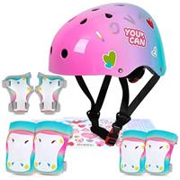 MHJY Kids Helmet and Pads Set with DIY Stickers Girls Bike Helmet Age 3-8 Years Unicorn Knee and Elbow Pads Adjustable Protective Gear for Children Cycle, Skateboard Scooter, Roller Skates