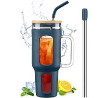BLUEGO Glass Tumbler with Lid and Straws, 1400ml Iced Coffee Cup with Handle, Glass Water Bottles with Silicone Sleeve, 1.4L Glass Cup with 2 Straws, BPA Free