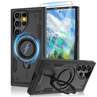 Jshru 3 in 1 Magnetic for Samsung S23 Ultra Case | S22 Ultra Case,Compatible with MagSafe | Built-in Stand | 2 Pack HD Screen Protector,Shockproof Protective Cover for Samsung Galaxy S22/S23 Ultra