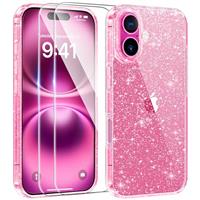 AROYI 5 in 1 Clear Glitter Case Compatible with iPhone 16 Pro Case with 2 Screen Protector and 2 Camera Lens Protector, Soft Bumper Sparkle Bling Women Girls Phone Case for 16 Pro 6.3", Rose red