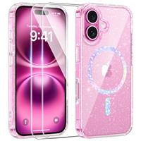 AROYI 5 in 1 Clear Glitter Case Compatible with iPhone 16 Pro Case with 2 Screen Protector and 2 Camera Lens Protector, Soft Bumper Sparkle Bling Women Girls Phone Case for 16 Pro 6.3", Rose red