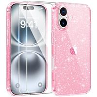 AROYI 5 in 1 Clear Glitter Case Compatible with iPhone 16 Pro Case with 2 Screen Protector and 2 Camera Lens Protector, Soft Bumper Sparkle Bling Women Girls Phone Case for 16 Pro 6.3", Rose red