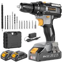 Cordless Drill, LEEIKOO Electric Drill, Power Drill 21V, Combi Drill Set 42N.m with 2 Batteries 2.0Ah, 10mm Chuck, 2 Speeds, 18+1 Torque, LED Light, 14pcs Drill Set for Garden DIY Project, Grey