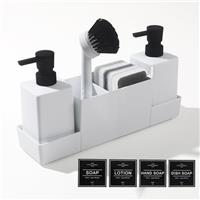 Kitchen Soap Dispenser Set, Washing Up Liquid Dispenser with Sponge Caddy and Brush Holder, Dish Soap Dispenser for Kitchen Countertop Sink Organiser
