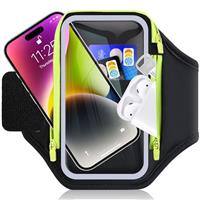 RAZOBWS Running Phone Holder with Foldable Elastic Strap, Phone Holder for Running with Earphone Bag, 6.9'' Armband Accessories for iPhone 16 15 14 13 12 Galaxy, Arm Band with Key Bag