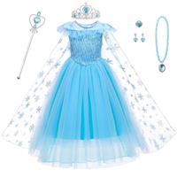 AYBUY Princess Dress Costume, Blue Princess Costume with Cape Train Wand Crown, Girls Fancy Dress for Halloween Christmas Party Cosplay