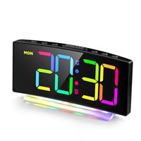 HERMIC Alarm Clock, Digital Alarm Clock Bedside for Kids Mains Powered, Modern Curved Design, 7 Modes RGB Night Light, 8 Colors LED Display, Adjustable Brightness & Volume, Snooze (Incl. Adapter)
