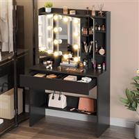 YITAHOME Black Dressing Table, Vanity Desk with 3 Mirror and 2 Drawers, Bedroom Dressing Tables with LED Lights, 10 Bulbs, 3 Light Colours Jewellery Storage and Open Shelves, Modern Makeup Desk