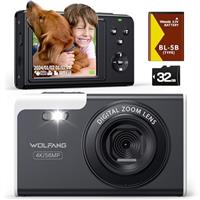 WOLFANG Digital Camera, 4K Kids Camera for Photography, 56MP Compact Vlogging, 16X Digital Zoom, Auto Focus Point and Shoot Digital Cameras, Gift for Students Teens