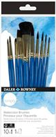 Daler-Rowney, Simply, Watercolour, Soft Synthetic Hair, Short Handle, Round, Script, Flat, Oval Wash, Multiple sizes, Reuseable Ziplock Pouch, 10 Assorted brushes, Wood, Blue