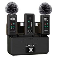 LVVIACE 3 in 1 Wireless Microphone for iPhone, Android, Camera, USB-C Microphone, Wireless Lavalier Mic, Noise Cancellation with 45 Hours Transmitter Digital Display Charging Case for Video Rec