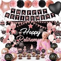 Retirement Party Decorations,Happy Retirement Decorations,Happy Retirement Banner,Retired Balloons,Backdrop,Sash,Pompoms, Swirls Hanging Card, Retired Cake Topper