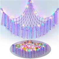 MHJY Toy Hammock Stuffed Animals Storage Net Soft Cuddly Toys Large Corner Hanging Net With LED Light Hand Woven Plush Macrame Organizer with Tassel for Kids Bedroom Nursery