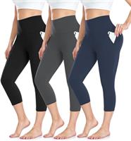 BLONGW 3 Pack Capri 3/4 Length Leggings for Women,High Waisted Cropped Leggings Soft Sport Trousers with Pockets for Workout Gym Yoga Fitness Running