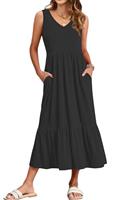 WNEEDU Womens Summer Maxi Dresses V Neck Sundress Sleeveless Long Dress with Pockets