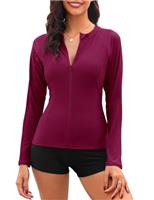 Tuopuda Womens Rash Vest Zip Up Wetsuit Tops Long Sleeve Swimsuit Tops Quick Dry Surf Tops UV UPF 50+ Swim Shirt Sun Protection Swimwear