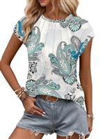 WNEEDU Ladies Tops Summer T-Shirt for Women UK Casual Blouse Leisure Pleated Round Neck Tank Top