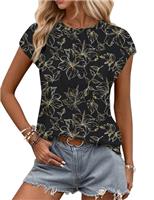 WNEEDU Ladies Tops Summer T-Shirt for Women UK Casual Blouse Leisure Pleated Round Neck Tank Top