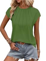 WNEEDU Ladies Tops Summer T-Shirt for Women UK Casual Blouse Leisure Pleated Round Neck Tank Top