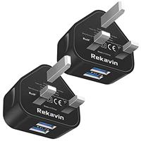 2 Pack USB Plug UK 3 Pin Mains Charger,Rekavin Multi USB Charger Plug Adaptor UK Compact Triple Port Charge Head 5V/2.4 AMP Charging for iPhone 11/11 Pro/10/Xs/XS Max/XR/X/8/7/6 Plus/5/4,iPad etc