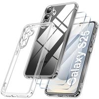 Qasyfanc Matt Cover Case Compatible with Samsung Galaxy S25 5G with 2 Pack Tempered Glass Screen Protector, Non-Yellowing Shockproof Phone Bumper Cover Hard PC Anti-Scratch Case Pink
