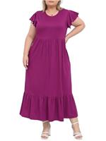 Moon Wood Women's Summer Dresses Crew Neck Ruffle Short Sleeve Maxi Dress Plus Size Ladies Long Casual Beach Dress with Pockets UK