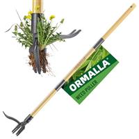Ormalla Weed Puller, 1.1m Long Handle Weed Remover Tool, Dandelion Removal Tool, Natural Bamboo Handle and 4 Claws, Stand Up Garden Weed Root Remover With Gardening Gloves, Pet Friendly