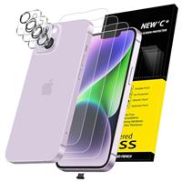 NEW'C 3x for iPhone 14 Screen Protector (6.1 inches)+ 3x Camera Lens Protector, Sensor Protection + Dust Plug - Case Friendly Tempered Glass Film, Ultra Resistant