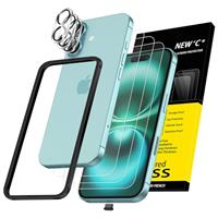 NEW'C 3x for iPhone 15 Plus Screen Protector (6.7 inches)+ 3x Camera Lens Protector, Sensor Protection, Case Friendly Tempered Glass Film + Dust Plug- Easy installation tool include