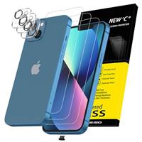 NEW'C 3x for iPhone 14 Screen Protector (6.1 inches)+ 3x Camera Lens Protector, Sensor Protection + Dust Plug - Case Friendly Tempered Glass Film, Ultra Resistant