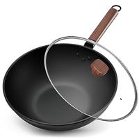 Jobin 13Inch/33cm Wok Non Stick with Lid Carbon Steel Wok and Large Capacity for Cook Asian Dishes for 4-6 People, Ideal for Induction, Gas, All Hobs