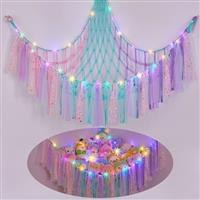 MHJY Toy Hammock Stuffed Animals Storage Net Soft Cuddly Toys Large Corner Hanging Net With LED Light Hand Woven Plush Macrame Organizer with Tassel for Kids Bedroom Nursery