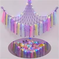 MHJY Toy Hammock Stuffed Animals Storage Net Soft Cuddly Toys Large Corner Hanging Net With LED Light Hand Woven Plush Macrame Organizer with Tassel for Kids Bedroom Nursery