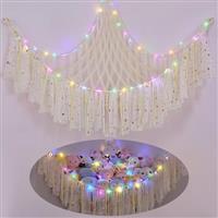 MHJY Toy Hammock Stuffed Animals Storage Net Soft Cuddly Toys Large Corner Hanging Net With LED Light Hand Woven Plush Macrame Organizer with Tassel for Kids Bedroom Nursery
