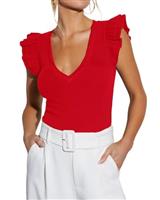 LACOZY Women's Red V Neck Sleeveless Shirt Rib Knit Ruffle T