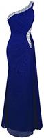 Angel-fashions Women's One Shoulder Ruching Beading Ribbon Soft Evening Gown